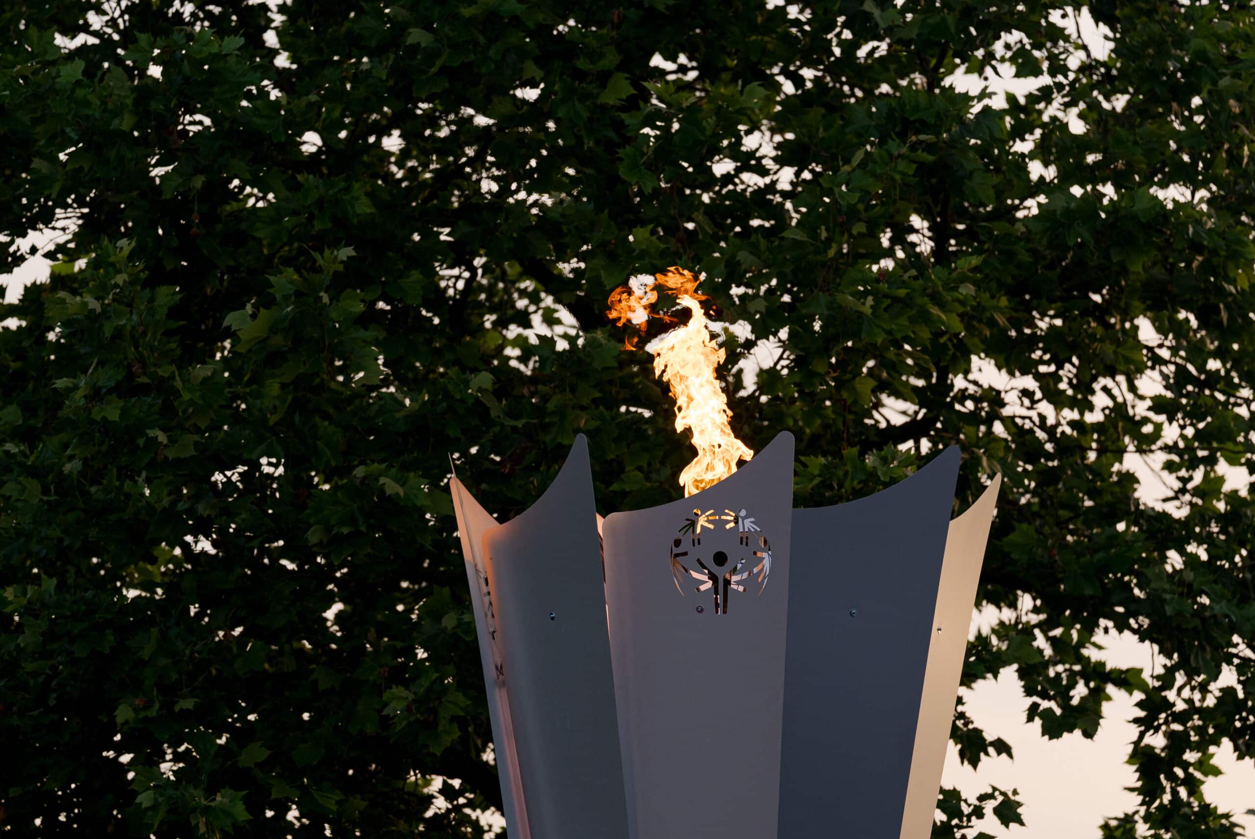 Burning torch in front of green trees
